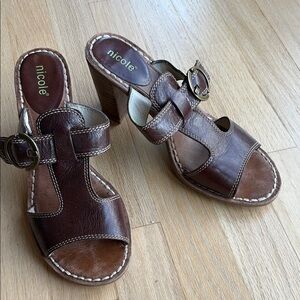 Nicole Brown Leather Heels with Decorative Buckle